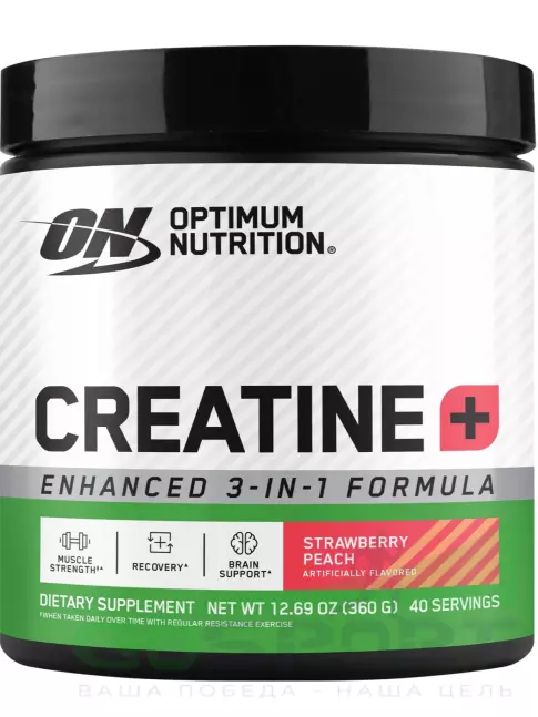 Креатин моногидрат Optimum Nutrition Creatine + 360 г, Клубника - персик Креатин моногидрат Optimum Nutrition Creatine + 360 г, Клубника - персик