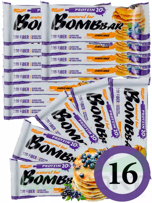 Протеиновый батончик BombBar Protein Bar 16 x 60 г, Смородиново-черничный панкейк