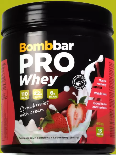 Сывороточный протеин BombBar Whey Protein Pro 450 г, Клубника со сливками Сывороточный протеин BombBar Whey Protein Pro 450 г, Клубника со сливками