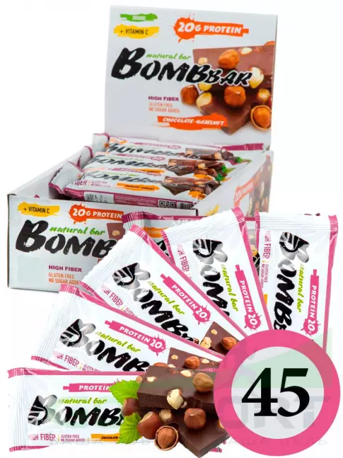 Протеиновый батончик BombBar Protein Bar 45 x 60 г, Шоколад - Фундук