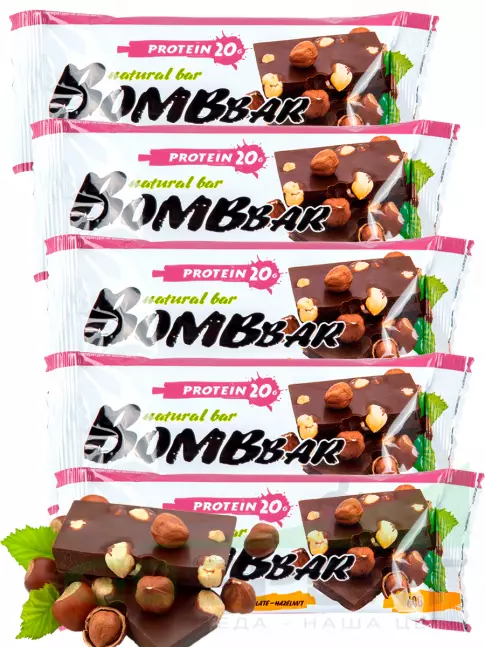 Протеиновый батончик BombBar Protein Bar 5 x 60 г, Шоколад - Фундук Протеиновый батончик BombBar Protein Bar 5 x 60 г, Шоколад - Фундук