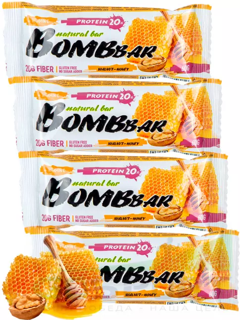 Протеиновый батончик BombBar Protein Bar 4 x 60 г, Грецкий орех с медом