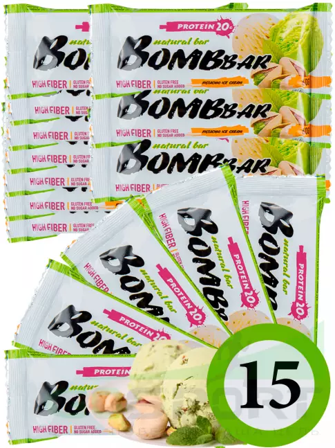 Протеиновый батончик BombBar Protein Bar 15 x 60 г, Фисташковый-Пломбир Протеиновый батончик BombBar Protein Bar 15 x 60 г, Фисташковый-Пломбир