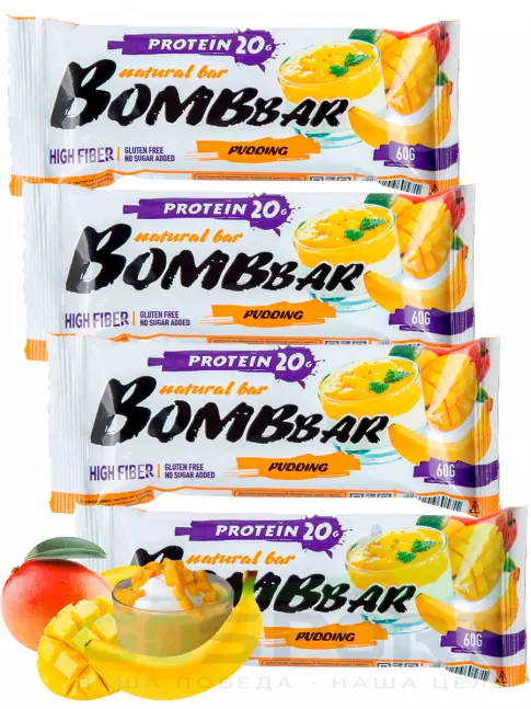 Протеиновый батончик BombBar Protein Bar 4 x 60 г, Пудинг с ароматом манго и банана
