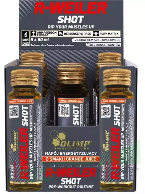 Предтреник жидкий OLIMP R-Weiler Shot 9 x 60 мл, Апельсиновый сок Предтреник жидкий OLIMP R-Weiler Shot 9 x 60 мл, Апельсиновый сок