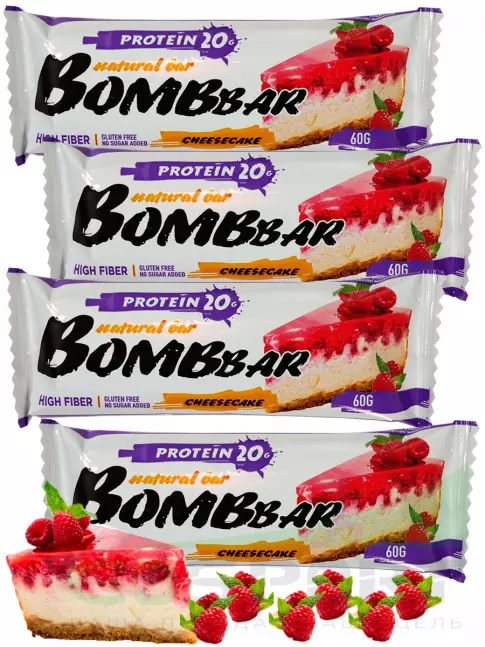 Протеиновый батончик BombBar Protein Bar 4 x 60 г, Малиновый чизкейк