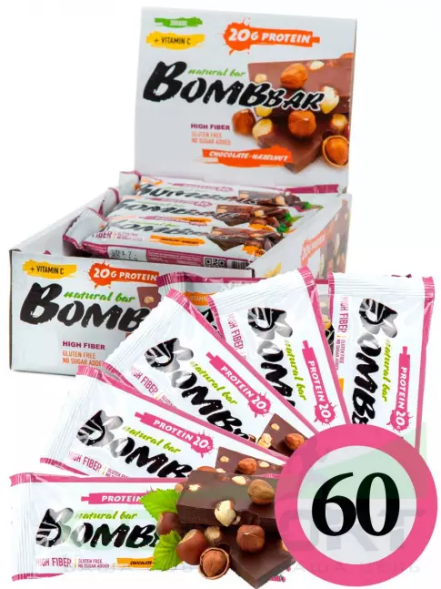 Протеиновый батончик BombBar Protein Bar 60 x 60 г, Шоколад - Фундук
