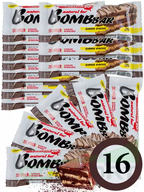 Протеиновый батончик BombBar Protein Bar 16 x 60 г, Датский бисквит Протеиновый батончик BombBar Protein Bar 16 x 60 г, Датский бисквит