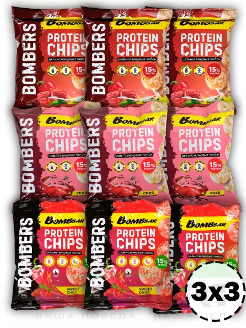 Чипсы BombBar Protein Chips 9 x 50 г, Краб,Бекон с паприкой, Сладкий чили Чипсы BombBar Protein Chips 9 x 50 г, Краб,Бекон с паприкой, Сладкий чили