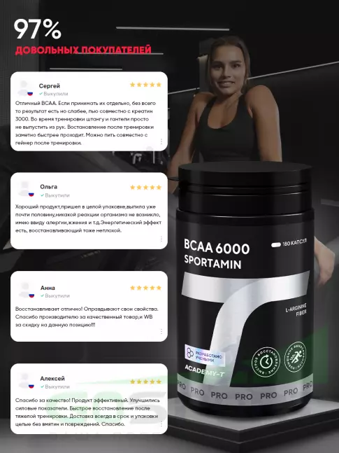 Аминокислоты АКАДЕМИЯ-Т BCAA 6000 SPORTAMIN 180 капсул