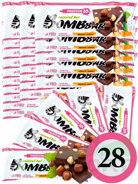 Протеиновый батончик BombBar Protein Bar 28 x 60 г, Шоколад - Фундук