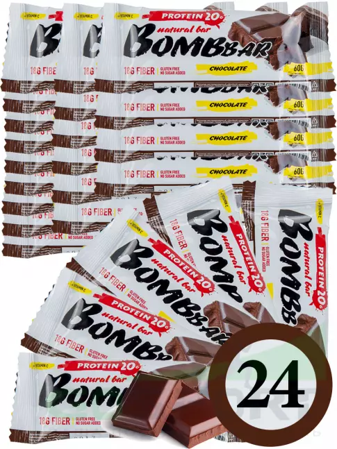 Протеиновый батончик BombBar Protein Bar 24 x 60 г, Двойной шоколад