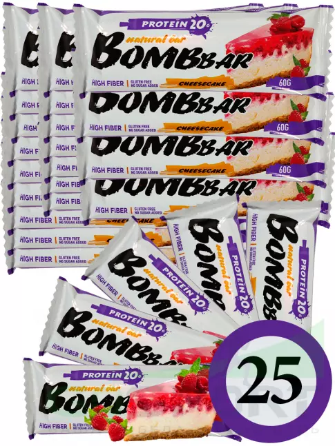 Протеиновый батончик BombBar Protein Bar 25 x 60 г, Малиновый чизкейк Протеиновый батончик BombBar Protein Bar 25 x 60 г, Малиновый чизкейк