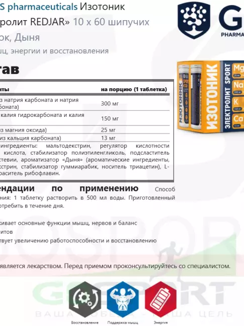 Изотоник GLS pharmaceuticals Изотоник «Электролит REDJAR» 10 x 60 шипучих таблеток, Дыня