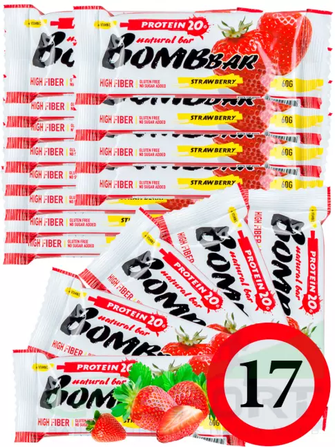 Протеиновый батончик BombBar Protein Bar 17 x 60 г, Клубника Протеиновый батончик BombBar Protein Bar 17 x 60 г, Клубника