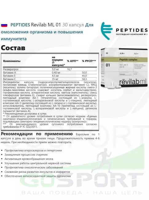 Пептиды Хавинсона PEPTIDES Revilab ML 01 30 капсул