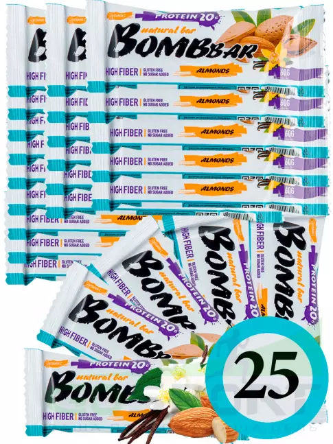 Протеиновый батончик BombBar Protein Bar 25 x 60 г, Миндаль-ваниль