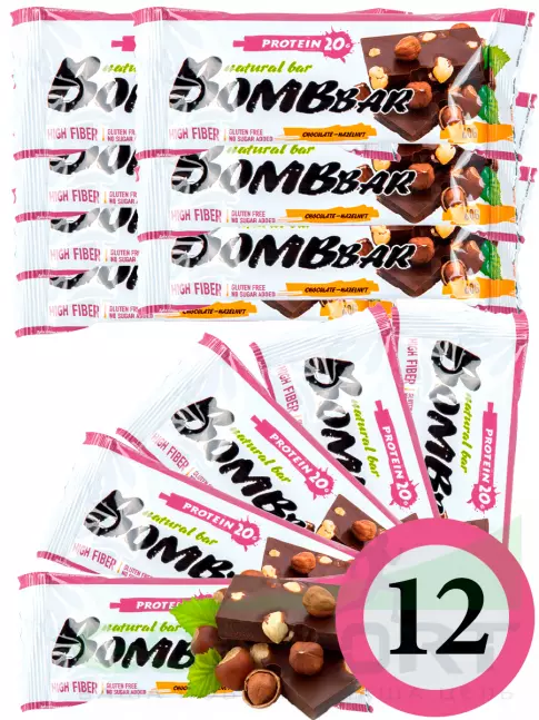 Протеиновый батончик BombBar Protein Bar 12 x 60 г, Шоколад - Фундук