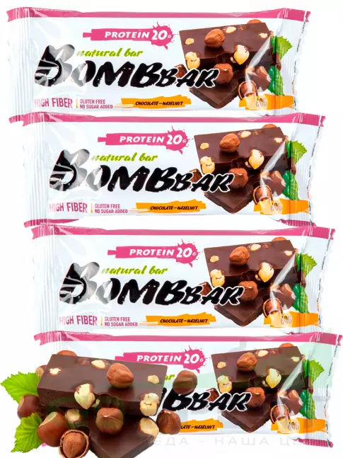 Протеиновый батончик BombBar Protein Bar 4 x 60 г, Шоколад - Фундук Протеиновый батончик BombBar Protein Bar 4 x 60 г, Шоколад - Фундук