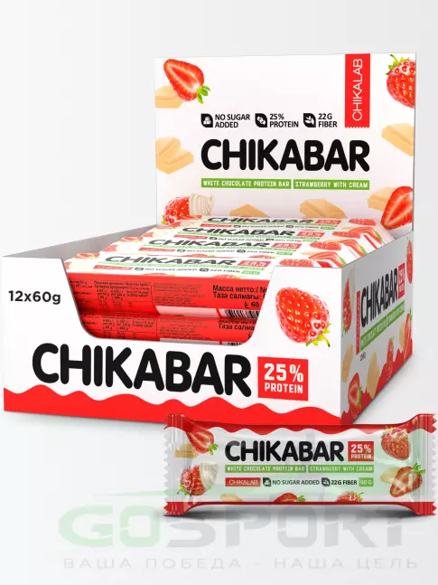 Протеиновый батончик Chikalab Chikabar 20 x 60 г, Клубника со сливками Протеиновый батончик Chikalab Chikabar 20 x 60 г, Клубника со сливками
