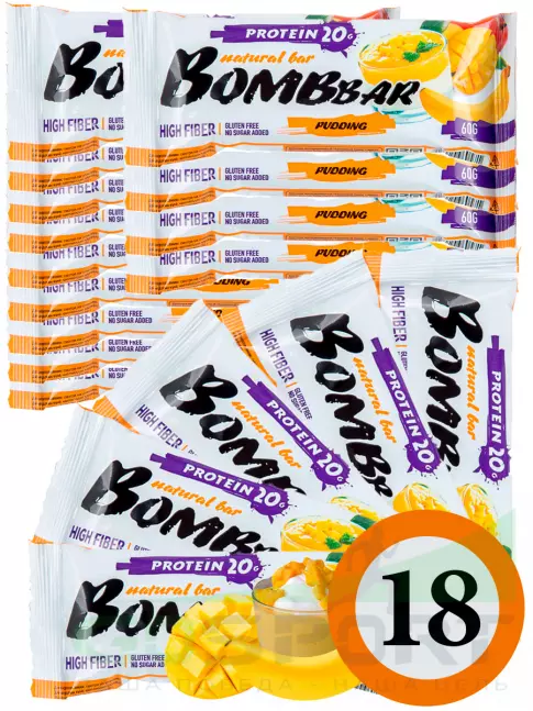 Протеиновый батончик BombBar Protein Bar 18 x 60 г, Пудинг с ароматом манго и банана