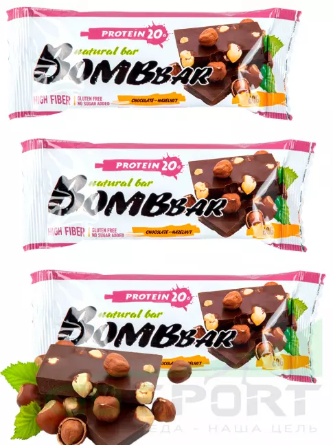 Протеиновый батончик BombBar Protein Bar 3 x 60 г, Шоколад - Фундук