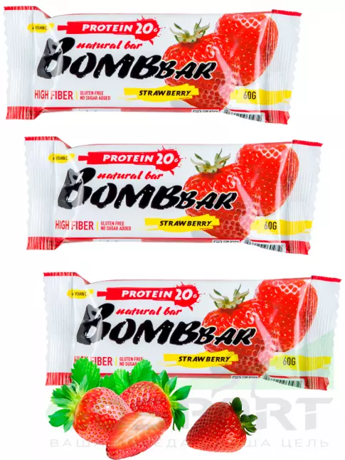 Протеиновый батончик BombBar Protein Bar 3 x 60 г, Клубника
