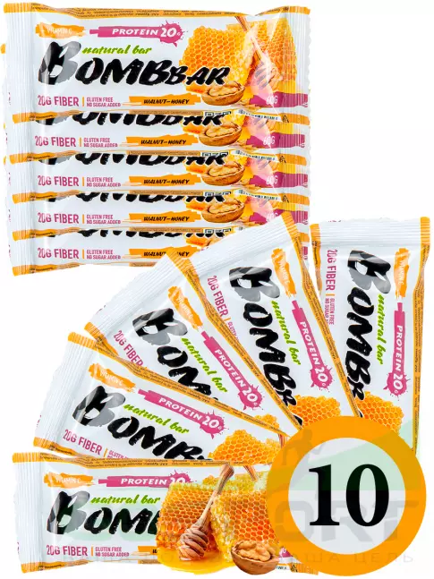 Протеиновый батончик BombBar Protein Bar 10 x 60 г, Грецкий орех с медом Протеиновый батончик BombBar Protein Bar 10 x 60 г, Грецкий орех с медом