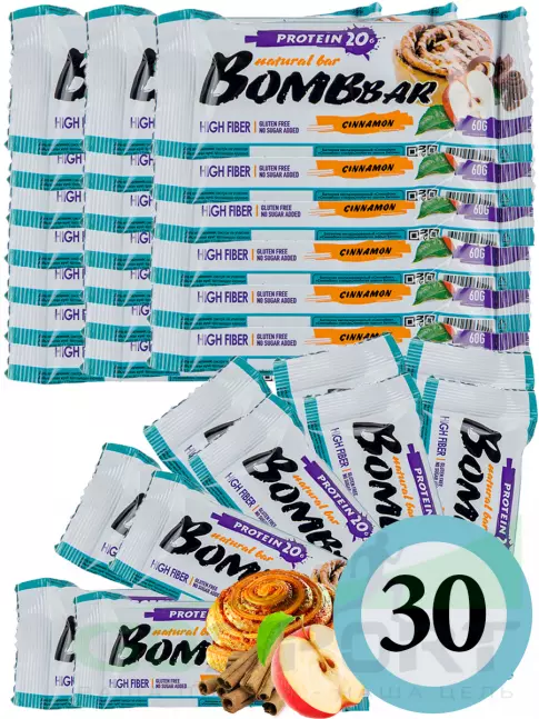 Протеиновый батончик BombBar Protein Bar 30 x 60 г, Яблоко - Корица