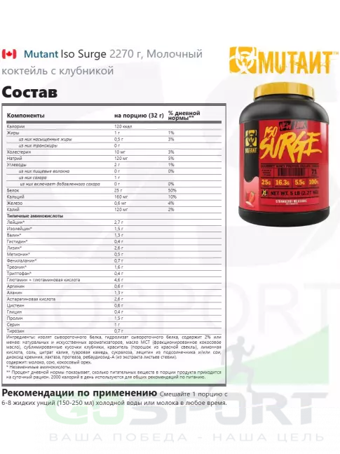  Mutant Iso Surge 2270 г, Молочный коктейль с клубникой