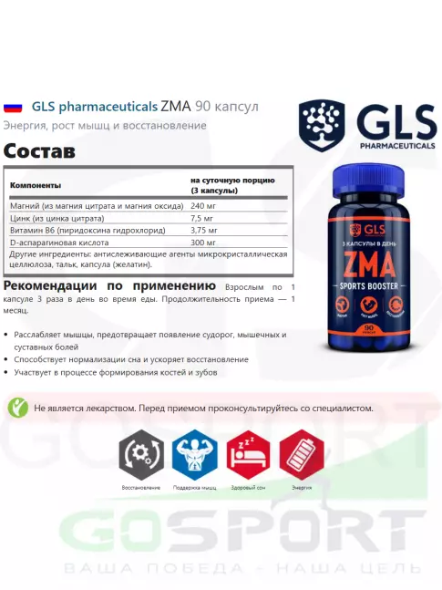 Магний+цинк+B6 GLS pharmaceuticals ZMA 90 капсул