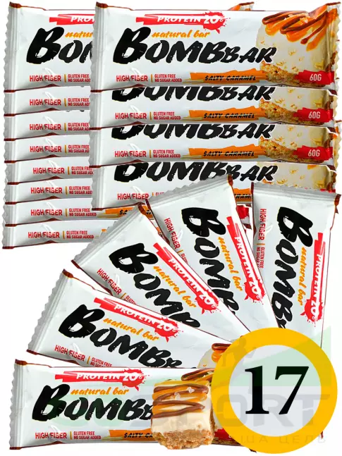 Протеиновый батончик BombBar Protein Bar 17 x 60 г, Соленая карамель Протеиновый батончик BombBar Protein Bar 17 x 60 г, Соленая карамель