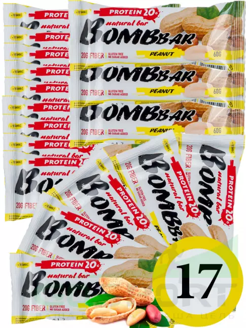 Протеиновый батончик BombBar Protein Bar 17 x 60 г, Арахис