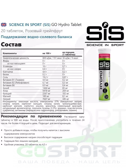Изотоник SCIENCE IN SPORT (SiS) GO Hydro Tablet 4 x 20 таблеток, Розовый грейпфрут