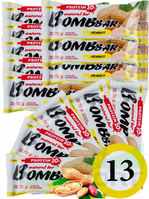 Протеиновый батончик BombBar Protein Bar 13 x 60 г, Арахис