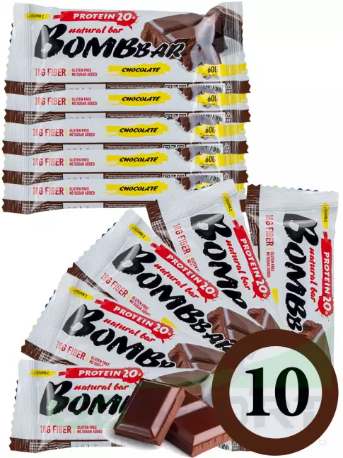Протеиновый батончик BombBar Protein Bar 10 x 60 г, Двойной шоколад Протеиновый батончик BombBar Protein Bar 10 x 60 г, Двойной шоколад