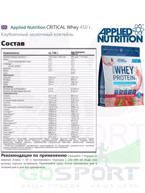  Applied Nutrition CRITICAL Whey 450 г, Клубничный молочный коктейль