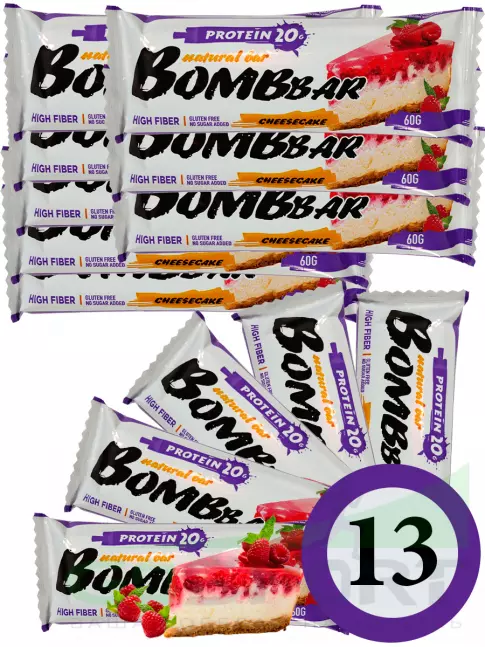 Протеиновый батончик BombBar Protein Bar 13 x 60 г, Малиновый чизкейк