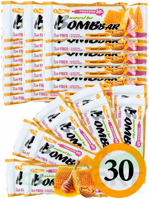 Протеиновый батончик BombBar Protein Bar 30 x 60 г, Грецкий орех с медом