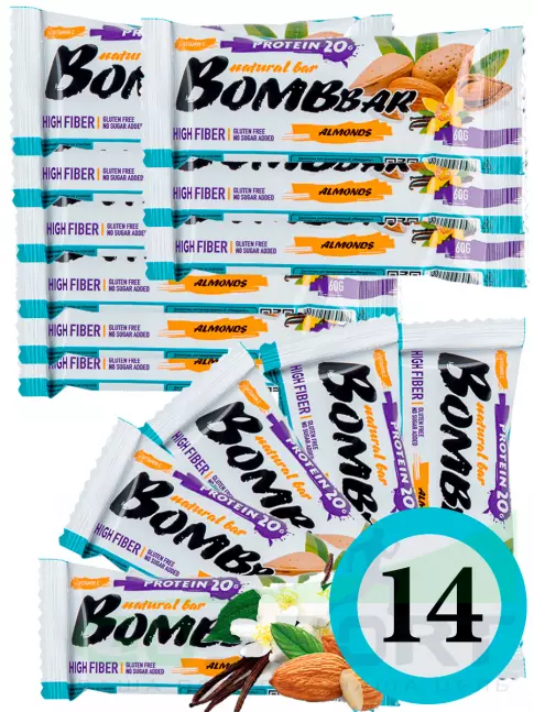 Протеиновый батончик BombBar Protein Bar 14 x 60 г, Миндаль-ваниль