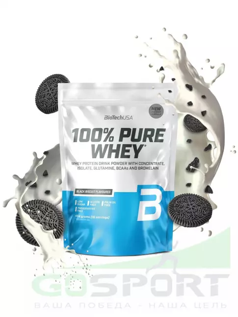 Сывороточный протеин BioTechUSA 100% Pure Whey 454 г, Черный бисквит