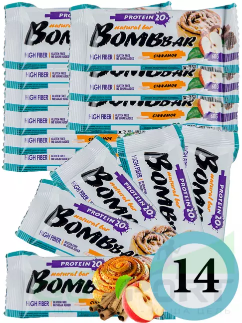 Протеиновый батончик BombBar Protein Bar 14 x 60 г, Яблоко - Корица