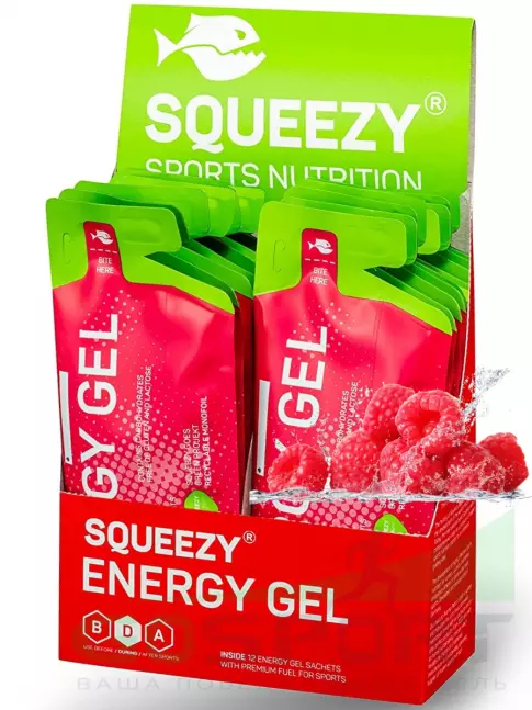 Энергетический гель питьевой SQUEEZY ENERGY GEL no caffeine 33 г x 12 саше, Малина