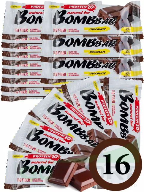 Протеиновый батончик BombBar Protein Bar 16 x 60 г, Двойной шоколад Протеиновый батончик BombBar Protein Bar 16 x 60 г, Двойной шоколад