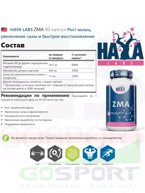 Магний+цинк+B6 Haya Labs ZMA 90 капсул