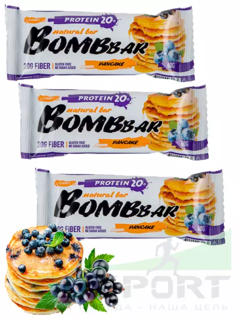 Протеиновый батончик BombBar Protein Bar 3 x 60 г, Смородиново-черничный панкейк