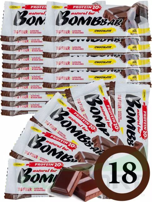 Протеиновый батончик BombBar Protein Bar 18 x 60 г, Двойной шоколад Протеиновый батончик BombBar Protein Bar 18 x 60 г, Двойной шоколад