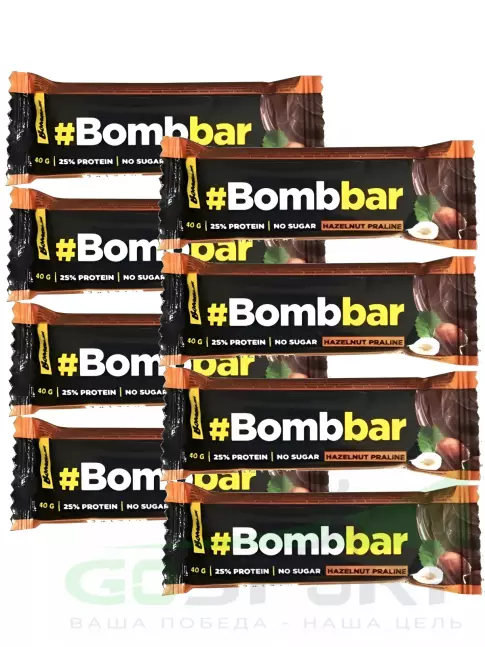 Протеиновый батончик BombBar Батончики в шоколаде без сахара 8 x 40 г, Фундучное пралине