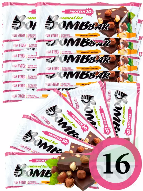 Протеиновый батончик BombBar Protein Bar 16 x 60 г, Шоколад - Фундук Протеиновый батончик BombBar Protein Bar 16 x 60 г, Шоколад - Фундук