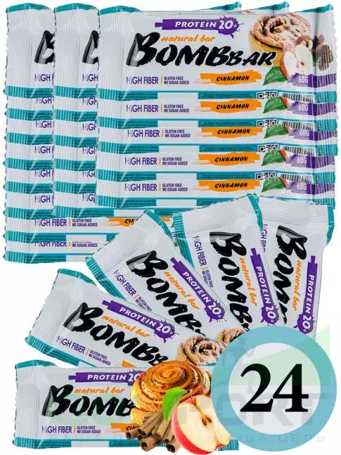 Протеиновый батончик BombBar Protein Bar 24 x 60 г, Яблоко - Корица